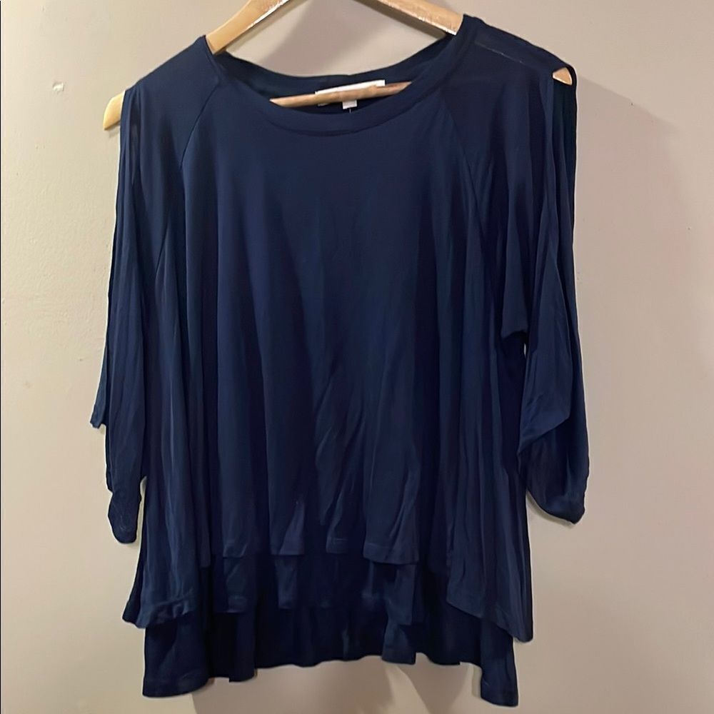 C&C California Blue Asymmetrical 3/4 Open Sleeve Blouse